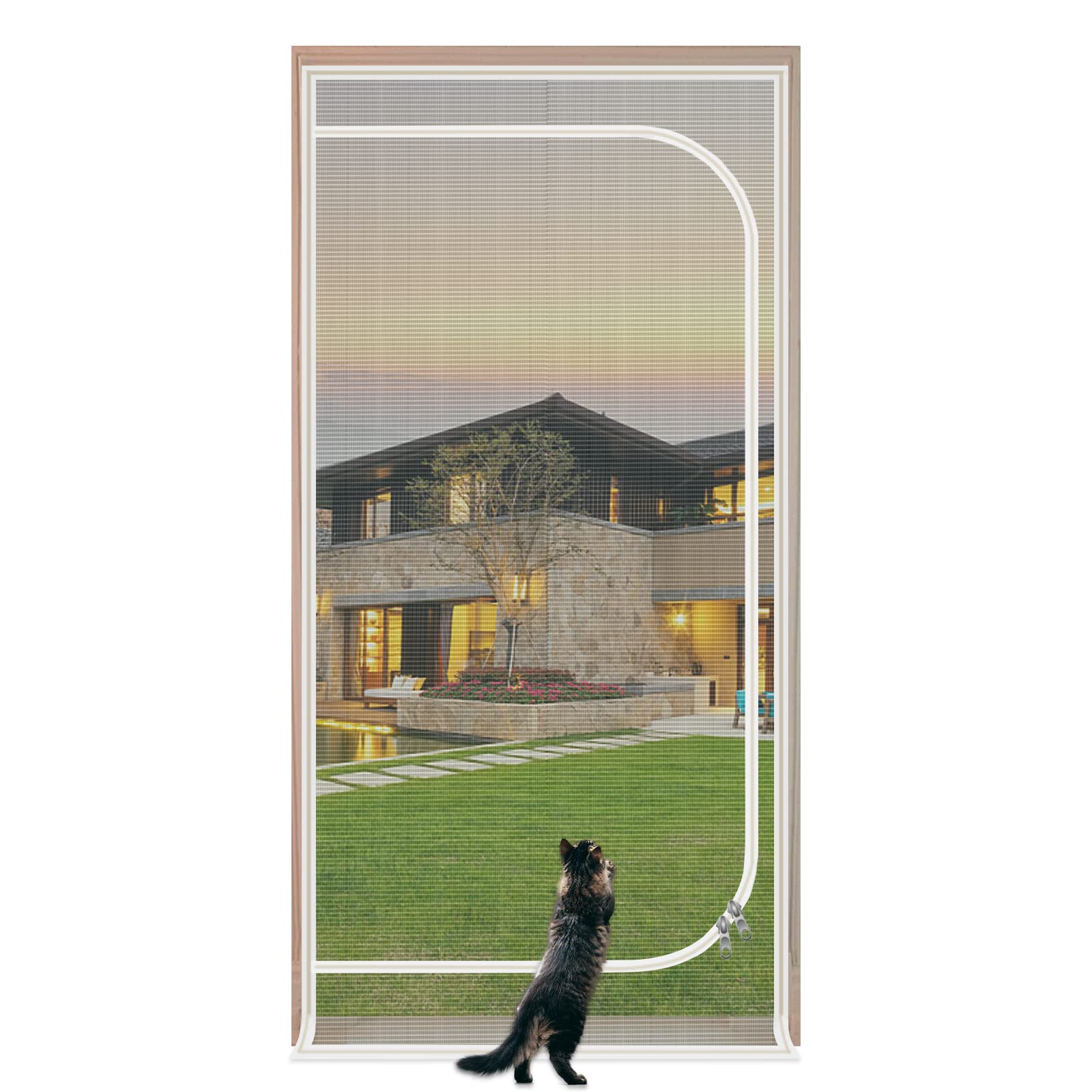 Reinforced Cat Screen Door, Zipper Mesh Screen Door Fits 38''x 82'', Cat Resistant - For Living Room, Bedroom, Kitchen