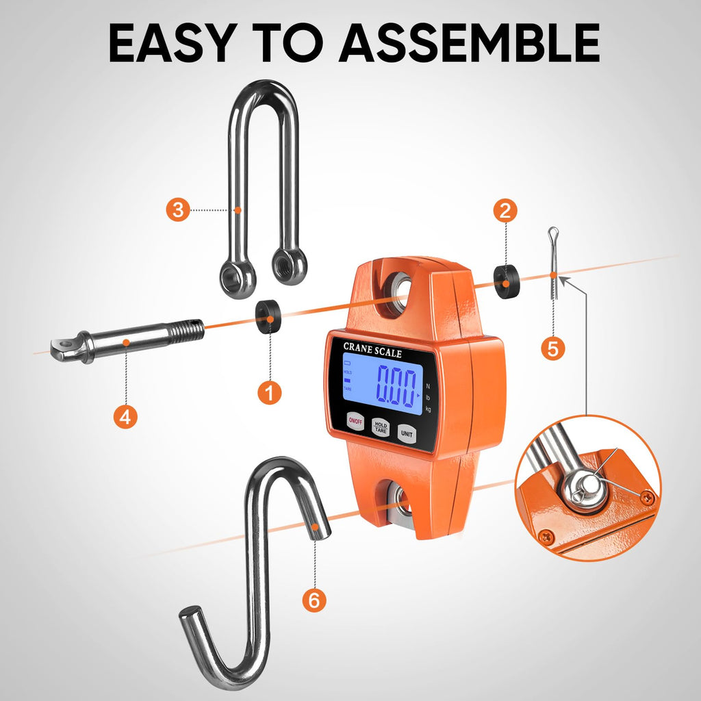 RoMech 660lb Digital Hanging Scale with Cast Aluminum Case, Handheld 300Kg Mini Crane Scale with Hooks for Farm Hunting Fishing Outdoor (Orange)