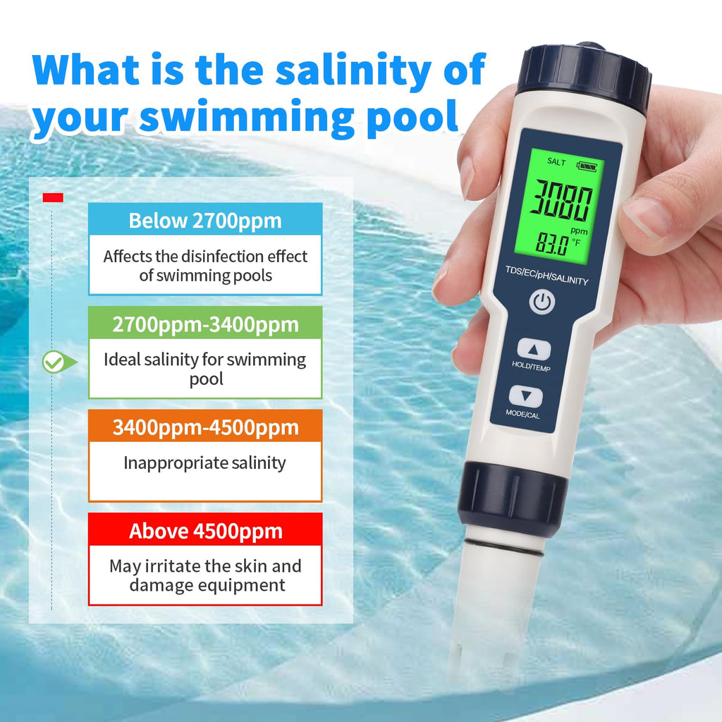 Pool Salt Tester,Digital Pool Water Tester,Accurate and Reliable,Salinity, pH Meter, EC, TDS, and Temperature 5 in 1;Salt Water Pool Testing kit, Used for Pool Salt and hydroponic Plants