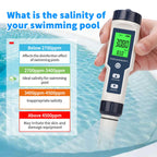 Pool Salt Tester,Digital Pool Water Tester,Accurate and Reliable,Salinity, pH Meter, EC, TDS, and Temperature 5 in 1;Salt Water Pool Testing kit, Used for Pool Salt and hydroponic Plants