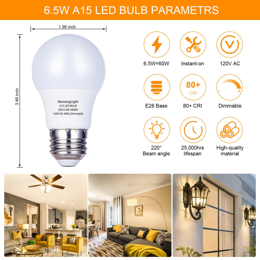 MorningLight 6 Pack A15 LED Light Bulbs 60 Watt, E26 Dimmable LED Light Bulb 3000K Soft White, 6.5W A15 Ceiling Fan Light Bulb for Pendant, Lighting Fixtures, 600 Lumens Bulb