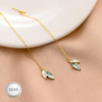 Reffeer Solid 925 Sterling Silver Leaf Chain Dangle Earrings for Women Teen Girls Leaf Dangle Drop Earrings Threader Tassel (B-18K Gold)