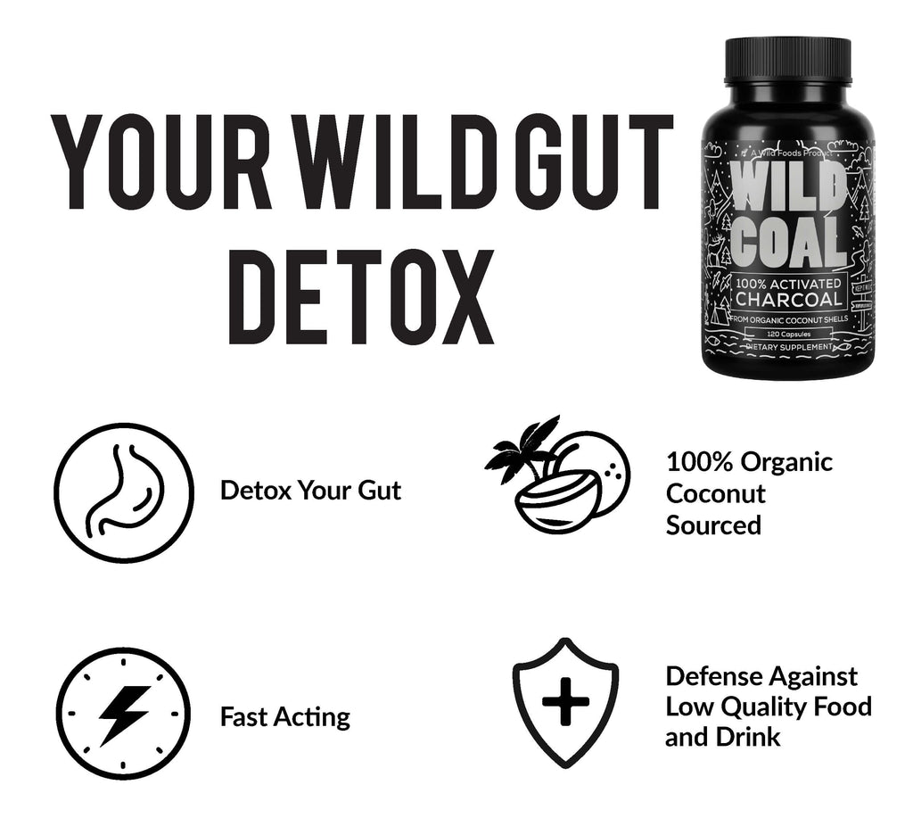 Wild Foods Activated Charcoal Capsules | 100% Organic Coconut Shells Active Tablets for Bloating Relief | Lab Tested & Non-GMO Detox Pills | USA (Two Bottles - 120 Capsules)