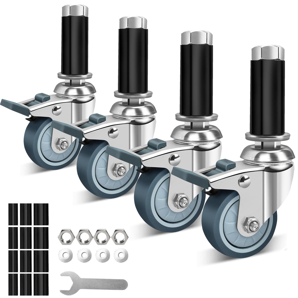 3 Inch Expanding Stem Caster Wheels Set of 4, Casters for Wire Shelving with Locking Brake, Fit 7/8", 1", 1-1/8" Tube Leg for Prep Table, Cart, Stainless Steel Furniture Legs