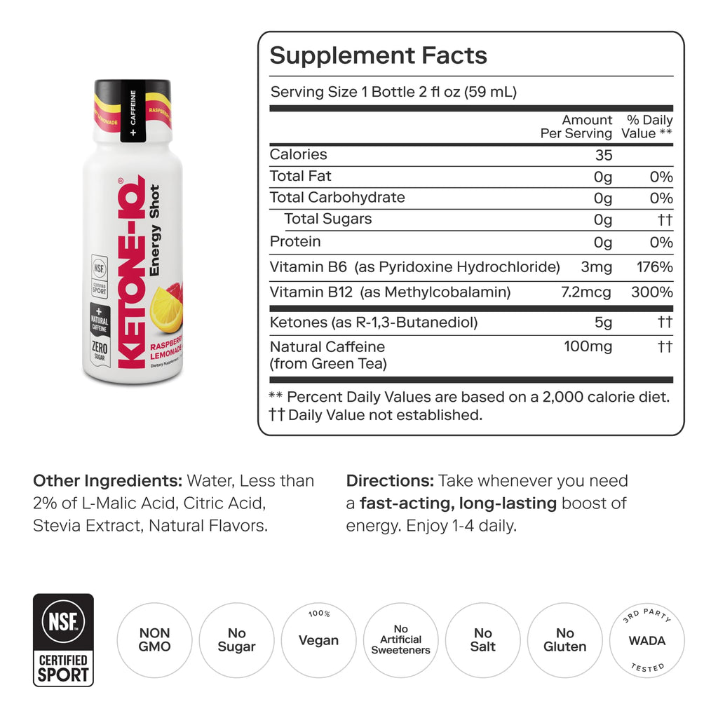 Ketone-IQ Ketone Energy Shots - 100mg Green Tea Caffeine, 5g Exogenous Ketones, and B Vitamins - 24 On The Go Caffeine Shots - Fast Acting Energy Drink (Raspberry Lemonade)