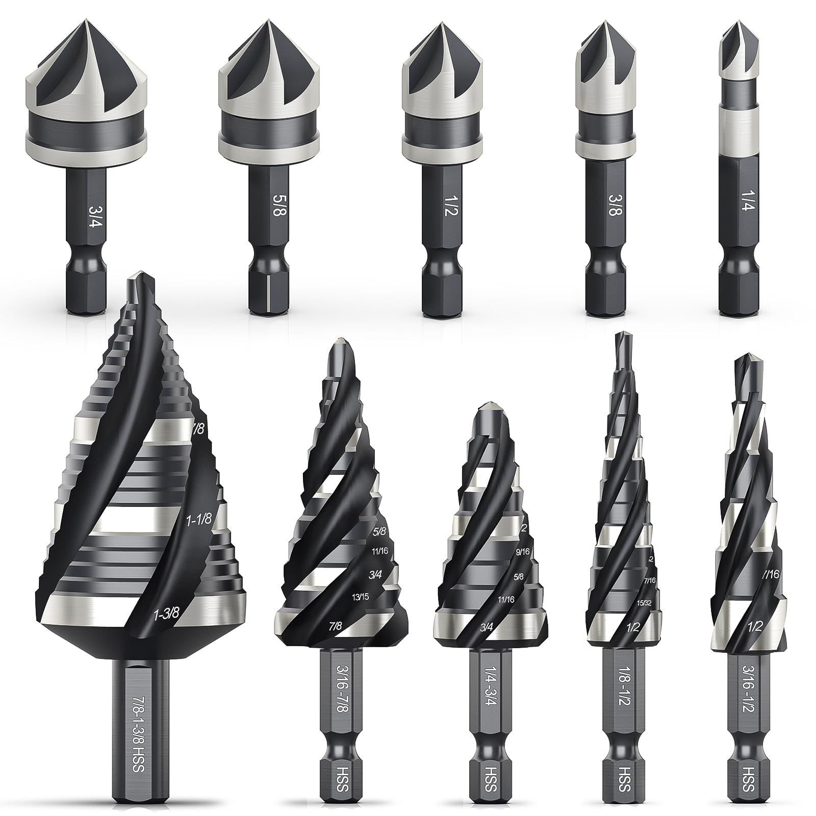 THINKWORK 5 Pcs Four Spiral Flute Step Drill Bit Set & 5 Pcs Countersink Drill Bits with Tool Box, Nitriding HSS Drill Bits for Metal, Aluminum, Wood, Plastic