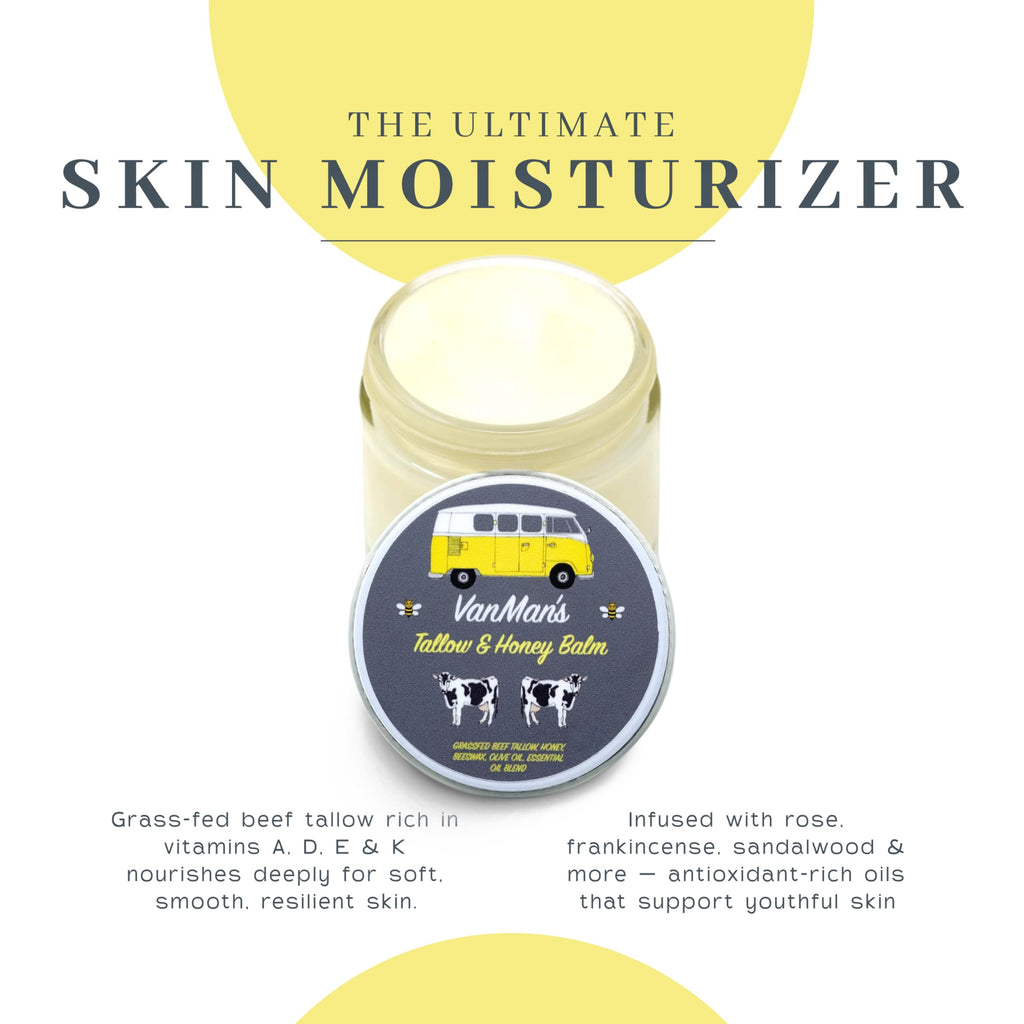 Vanman's Tallow and Honey Balm - Tallow Face Moisturizer with Grass-Fed/Finished Beef Tallow for Skin and Essential Oils, Organic Raw Honey and Beeswax, Cold Pressed Olive Oil - 2 oz