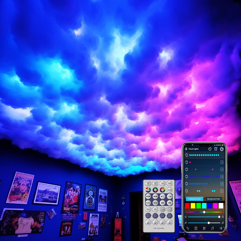 Neisouf USB 3D Cotton Thundercloud LED Light, DIY RGB+IC Chasing Ceiling Cloud Lights with APP and Remote Control for Room Decor 10ft