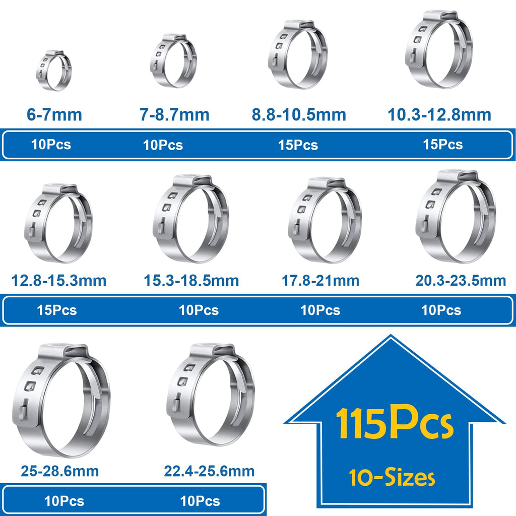 Seept 115Pcs 10-Sizes 304 Stainless Steel Single Ear Hose Clamps with Ear clamp plier 6-28.6mm Crimp Hose Clamps Assortment Kit for Auto/Home Appliance/Pipe/Fuel Line Stepless hose clamp with pincer