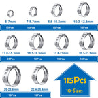 Seept 115Pcs 10-Sizes 304 Stainless Steel Single Ear Hose Clamps with Ear clamp plier 6-28.6mm Crimp Hose Clamps Assortment Kit for Auto/Home Appliance/Pipe/Fuel Line Stepless hose clamp with pincer