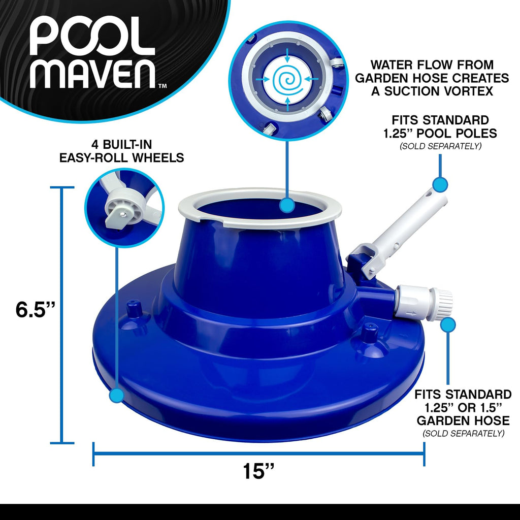 POOLMAVEN Heavy-Duty Pool Leaf Vacuum Head, Garden Hose Powered 15″ Cleaner with Large Mesh Bag for Inground and Above Ground Pools
