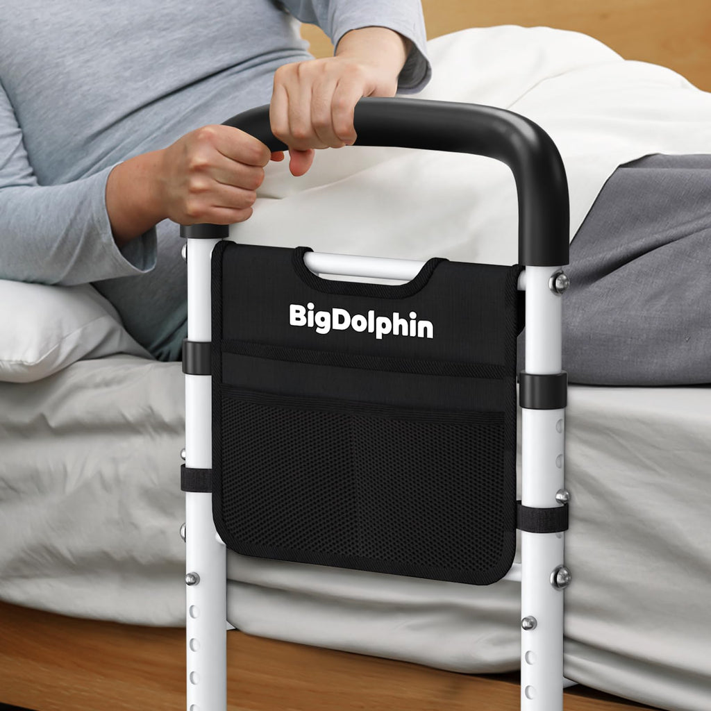 BigDolphin Bed Rails for Elderly Adults Safety - ASTM Approved Adjustable Bed Cane Supports 350LBS with Non-Slip Grip & Storage Pocket, Stable Bed Assist Rails for Seniors, Tool-Free