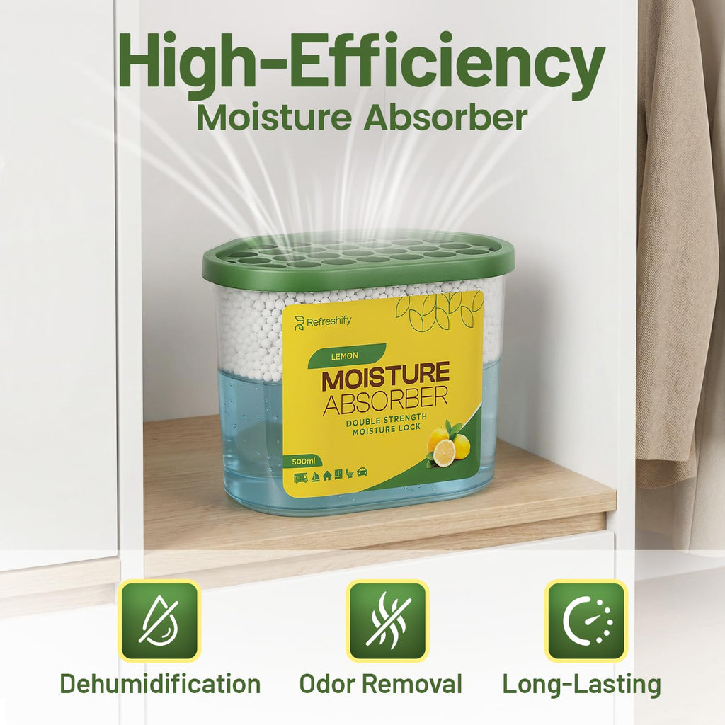 Premium Moisture Absorbers and Dehumidifier Tubs – High-Efficiency Closet Dehumidifier and Dehumidifier for Car, Odor Control Lemon Scent, 6 Pack, 7.5 Oz