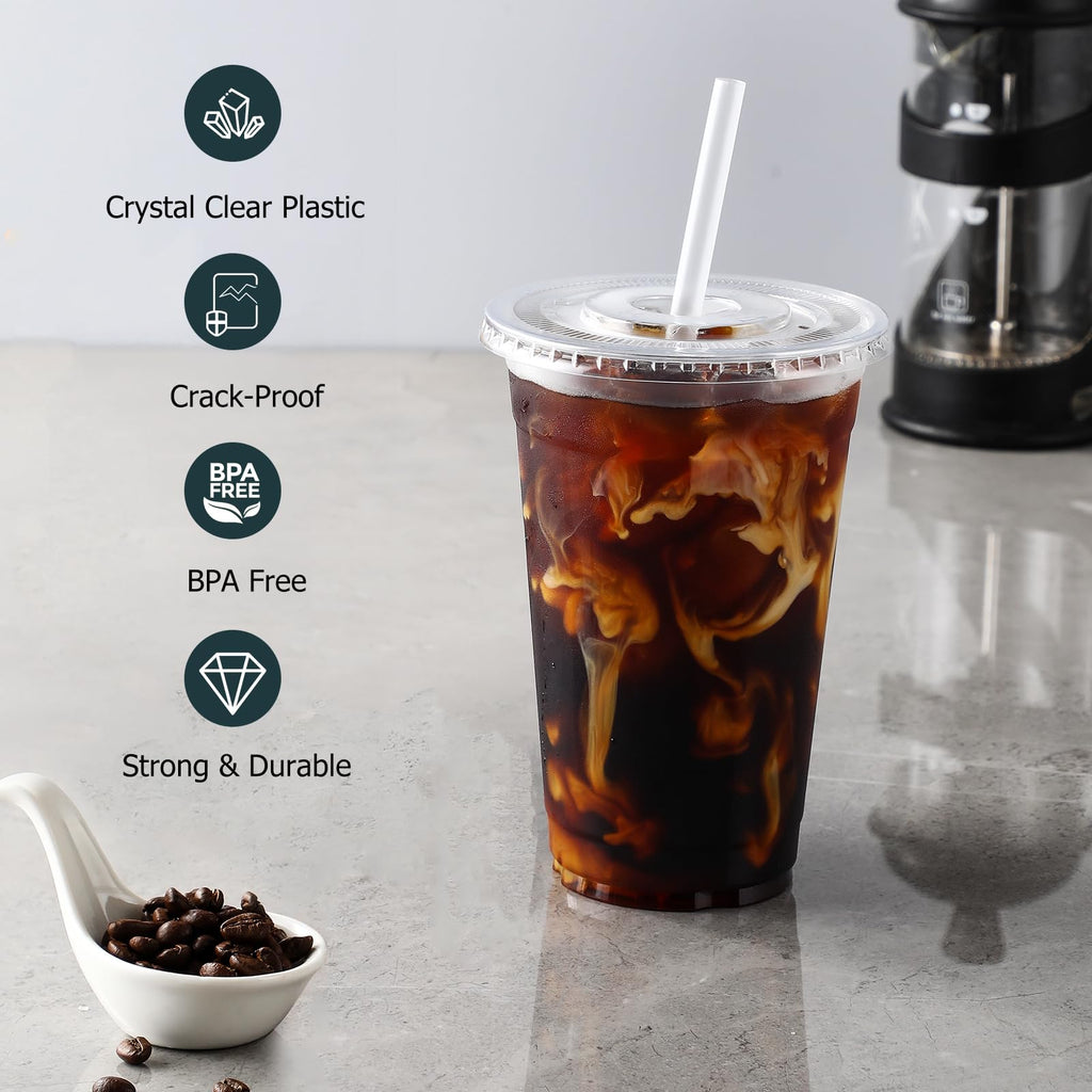 AOZITA 100 Pack - 24 oz Clear Plastic Cups with Lids and Straws, Sturdy & Food Safe Iced Coffee Cups with lids, Disposable Iced Coffee Cups for Cold Drinks