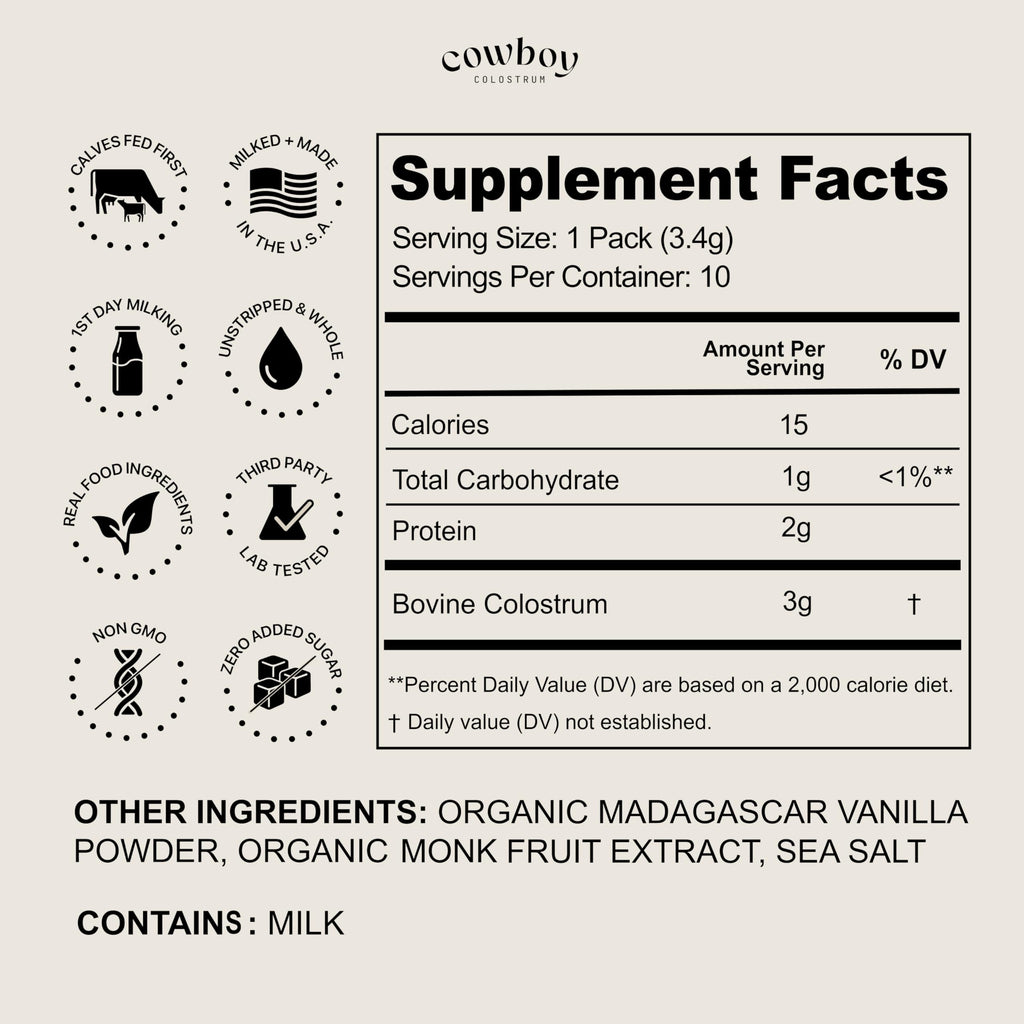 Cowboy - The Exclusive 1st Milking, Whole, Grass Fed Colostrum Supplement for Full Body Health - Bovine Colostrum Powder Packed w/Bioactive Nutrients (10 Travel Packs - Vanilla)