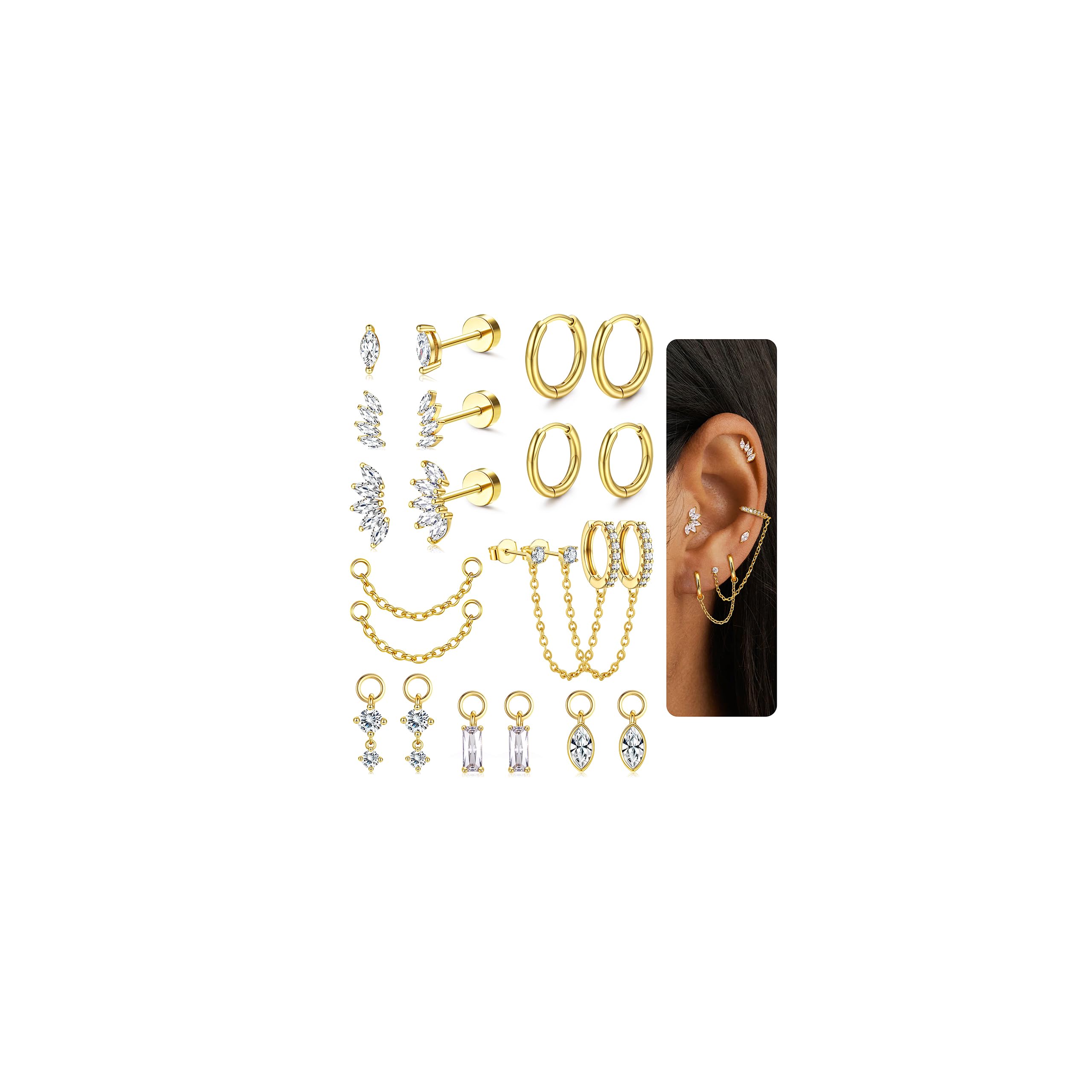 10 Pairs Gold Earring Stacks - Hypoallergenic Flat Back Stud & Hoop Set