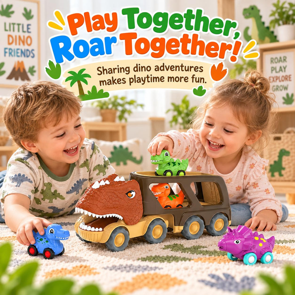 Veslier Dinosaur Car Toy for 2 3 4 5 Years Old Boys, Friction Power Carrier Truck with 4 Pack Small Pull Back Dino Car, Christmas Birthday Gift for 18+ Months Boy Girl Kids Toddlers