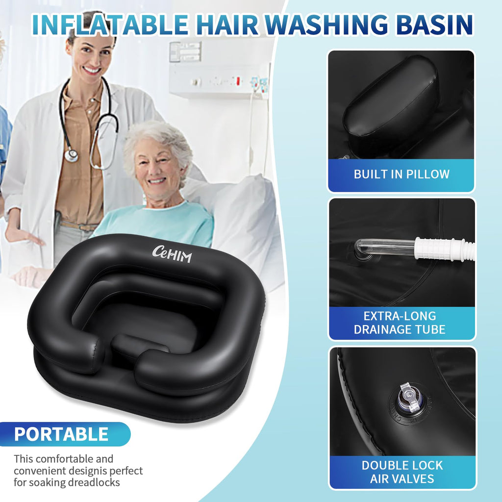 Cehim Inflatable Shampoo Basin - Portable Shampoo Bowl, Hair Washing Basin for Bedridden, Disabled,Injured, Hair Wash Tub for Dreadlocks and at Home Sink Washing (Black, 15in Inner)