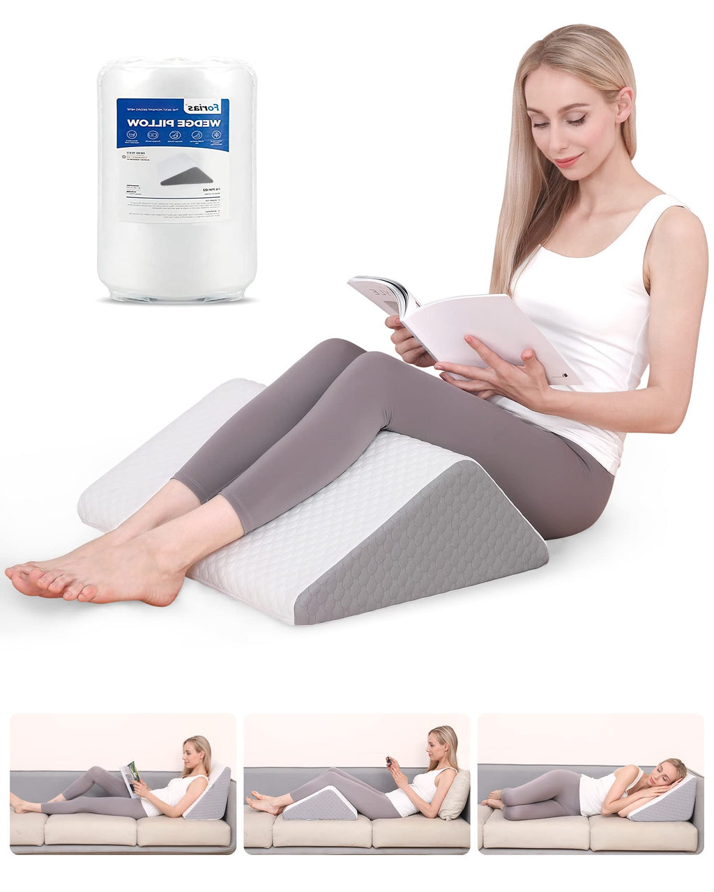 Forias Knee Wedge Pillow, 8" Pure 40D Memory Foam Knee Surgery Pillow Under Knee Pillow for Back Sleeping Post-Surgery Recovery Triangle Pillow for Sciatica Ankles Hip Knee Support