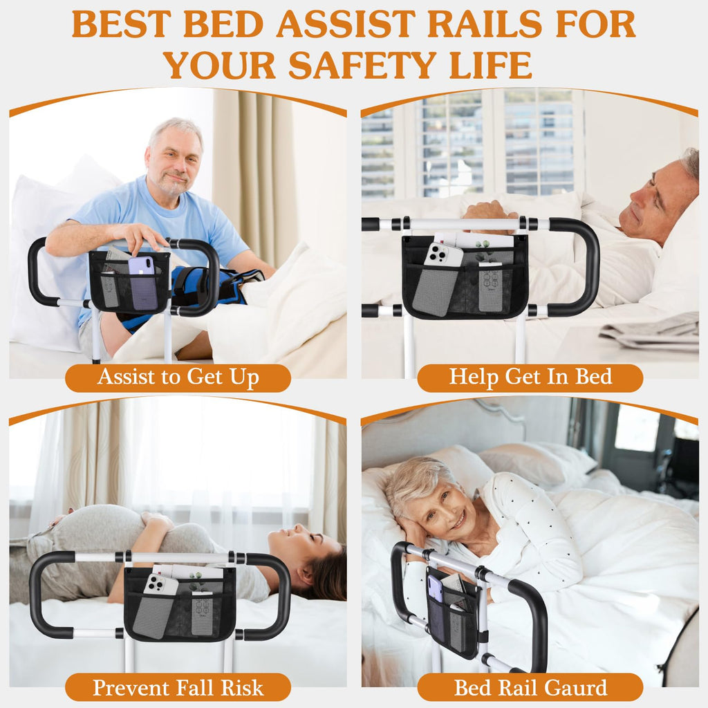 Bed Rails for Elderly Adults Safety - Extended Bed Assist Rail for Seniors - ASTM Approved Adjustable Bed Side Rails Handle Support Bar with Storage Bag & Fixing Strap, Fit King Queen Full Twin