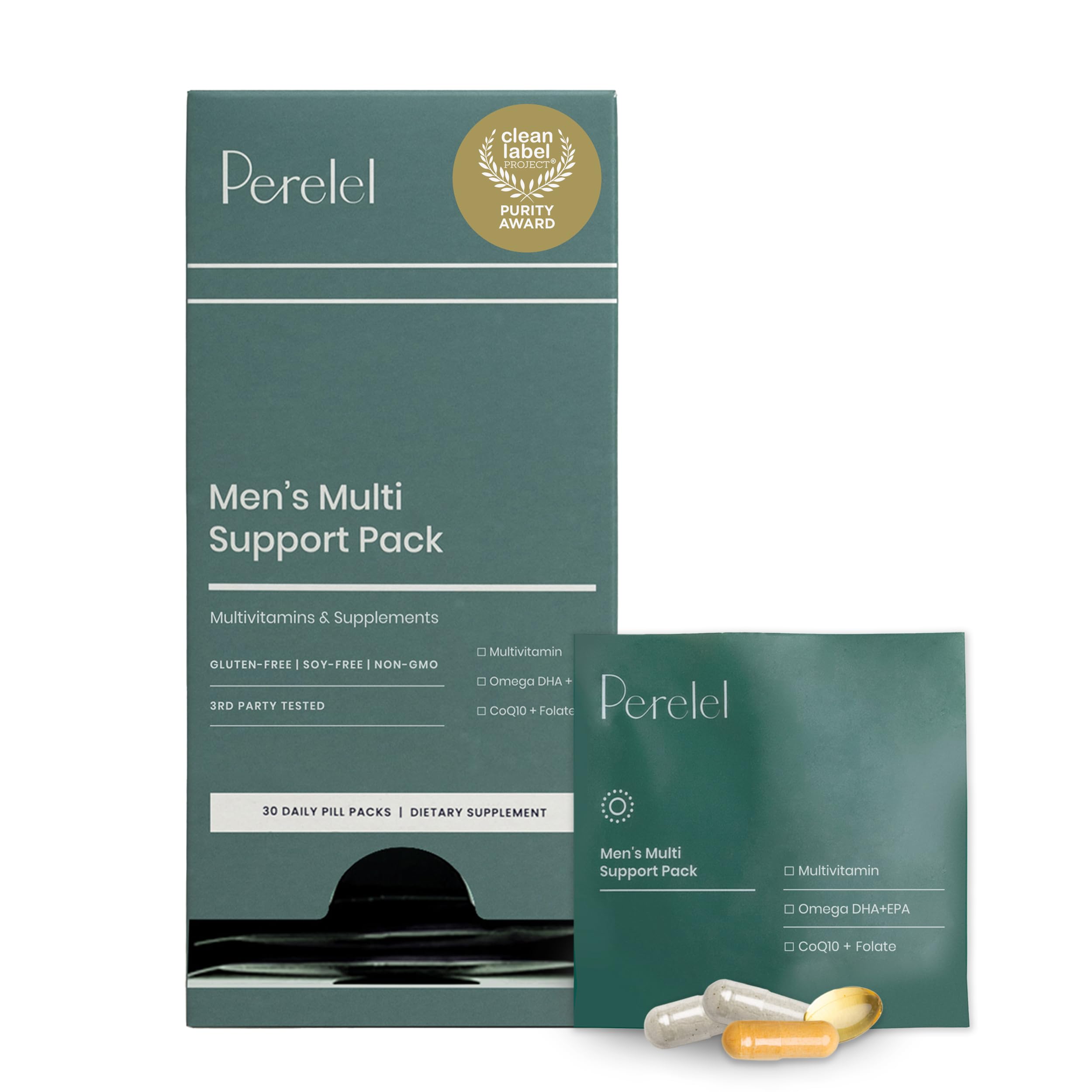 Perelel Men’s Multi Support Pack, Daily Multivitamin with Magnesium, Omega 3, CoQ10 & Folate, Nutritional Support for Men’s Wellness, Soy & Gluten Free, Non GMO, 30 Daily Pill Packs