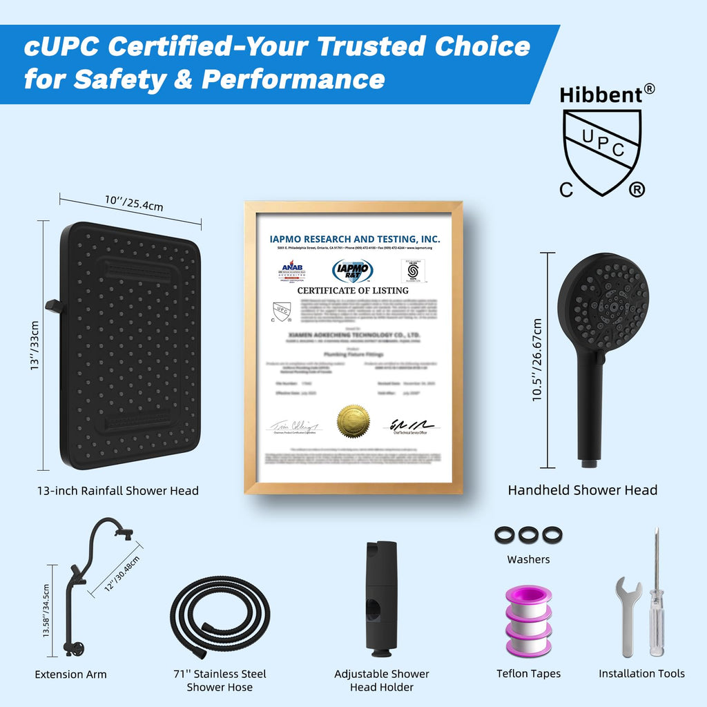 Hibbent cUPC Certified 13'' Shower Head Combo, High Pressure 5 Spray Rainfall Showerhead, 10 Spray Mode Handheld, All Metal Easy Reach 4-way Diverter Arm with Pause Mode, 71'' Hose and Holder, Black