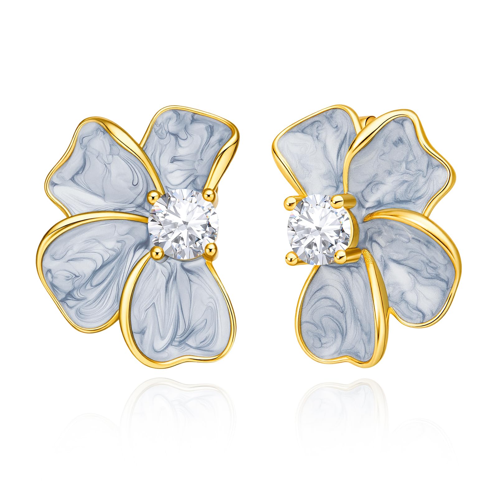 Cicy Bell Flower Stud Earrings for Women 18K Gold Plated 925 Sterling Silver Posts Cubic Zirconia Petal Statement Earrings Trendy Festival Vacation Jewelry Gifts