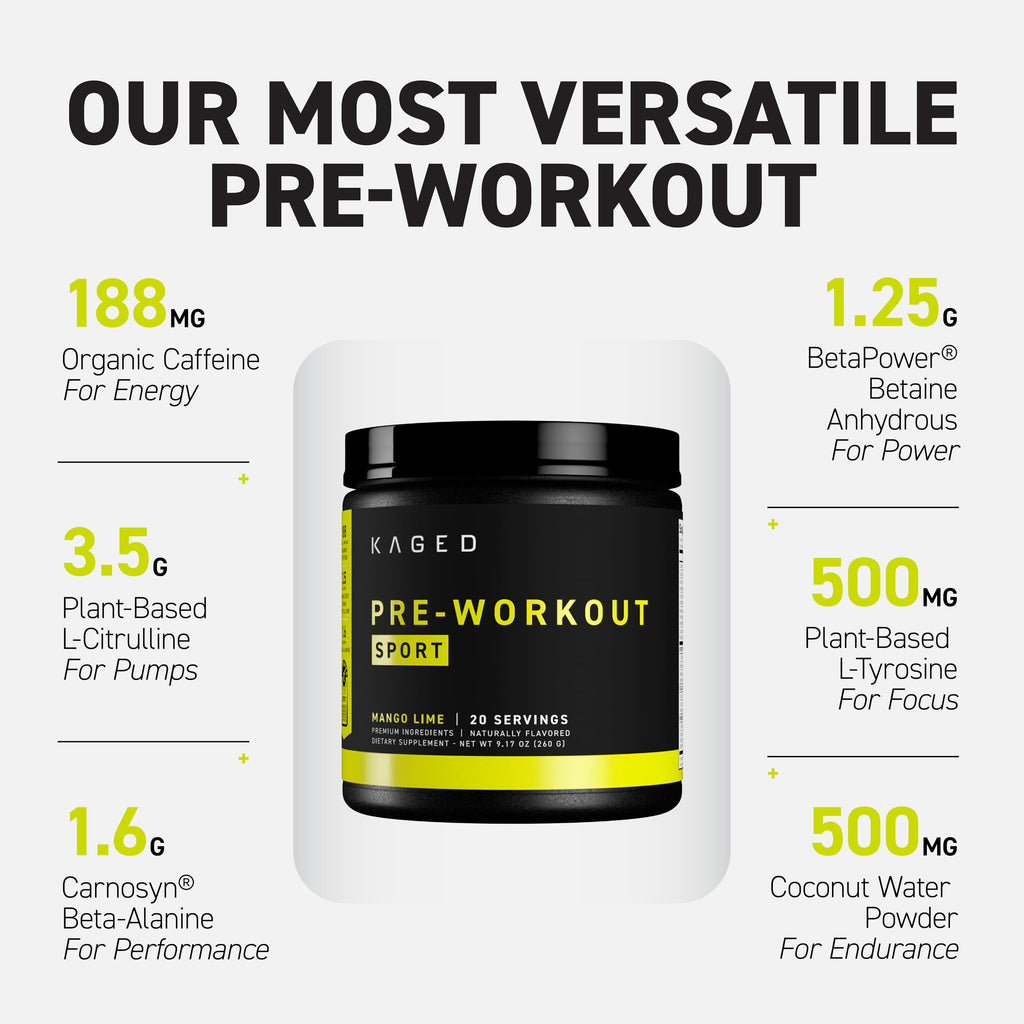 Kaged Sport Pre Workout Powder for Men & Women, Mango Lime, Sport Certified, 188mg Caffeine, Nitric Oxide Supplement, Beta Alanine for Energy, Weightlifting, Cardio Endurance & Strength, 20 Servings