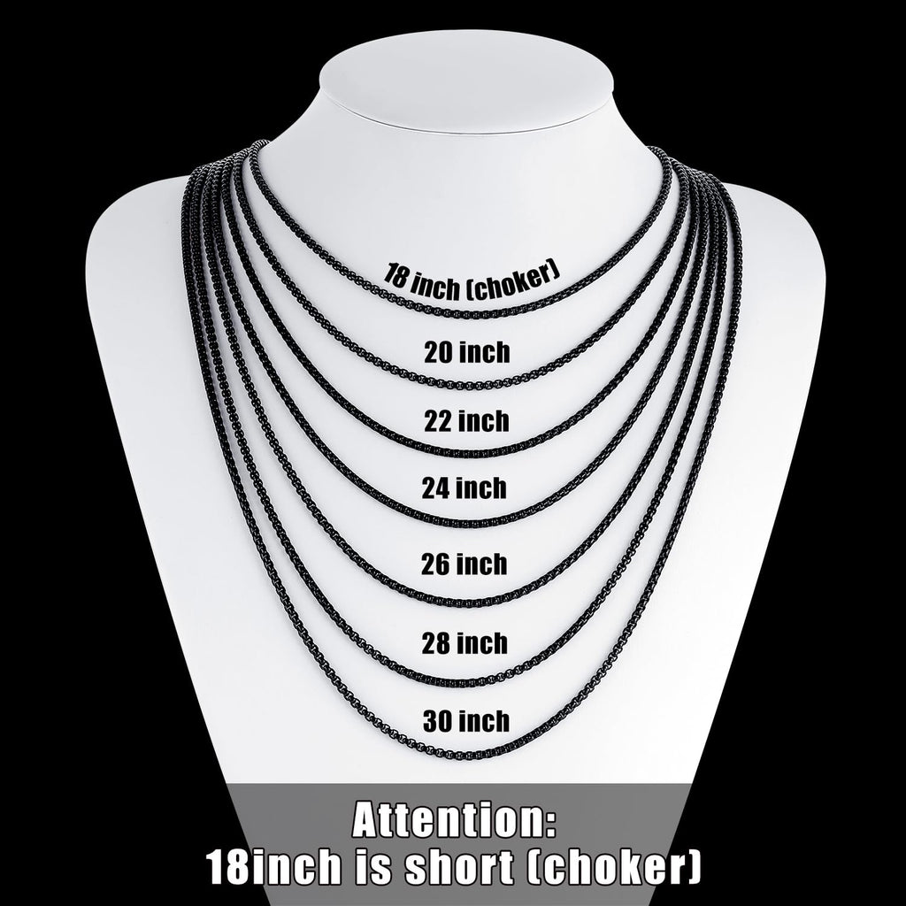 Fiusem Black Chain for Men, 3mm Stainless Steel Necklace for Men and Women, Box Chain 24 Inches