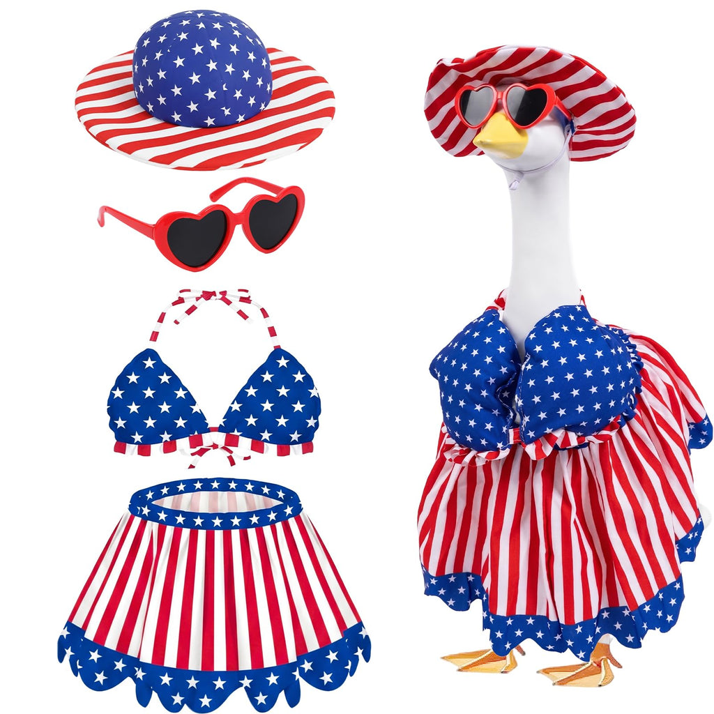 Aposwow 4th of July Porch Goose Outfit, USA Patriotic Goose Costume with Swimsuit Hat Sunglasses Lawn Art, 250th Anniversary Outfits for 23" Garden Geese Statue Garden Decoration