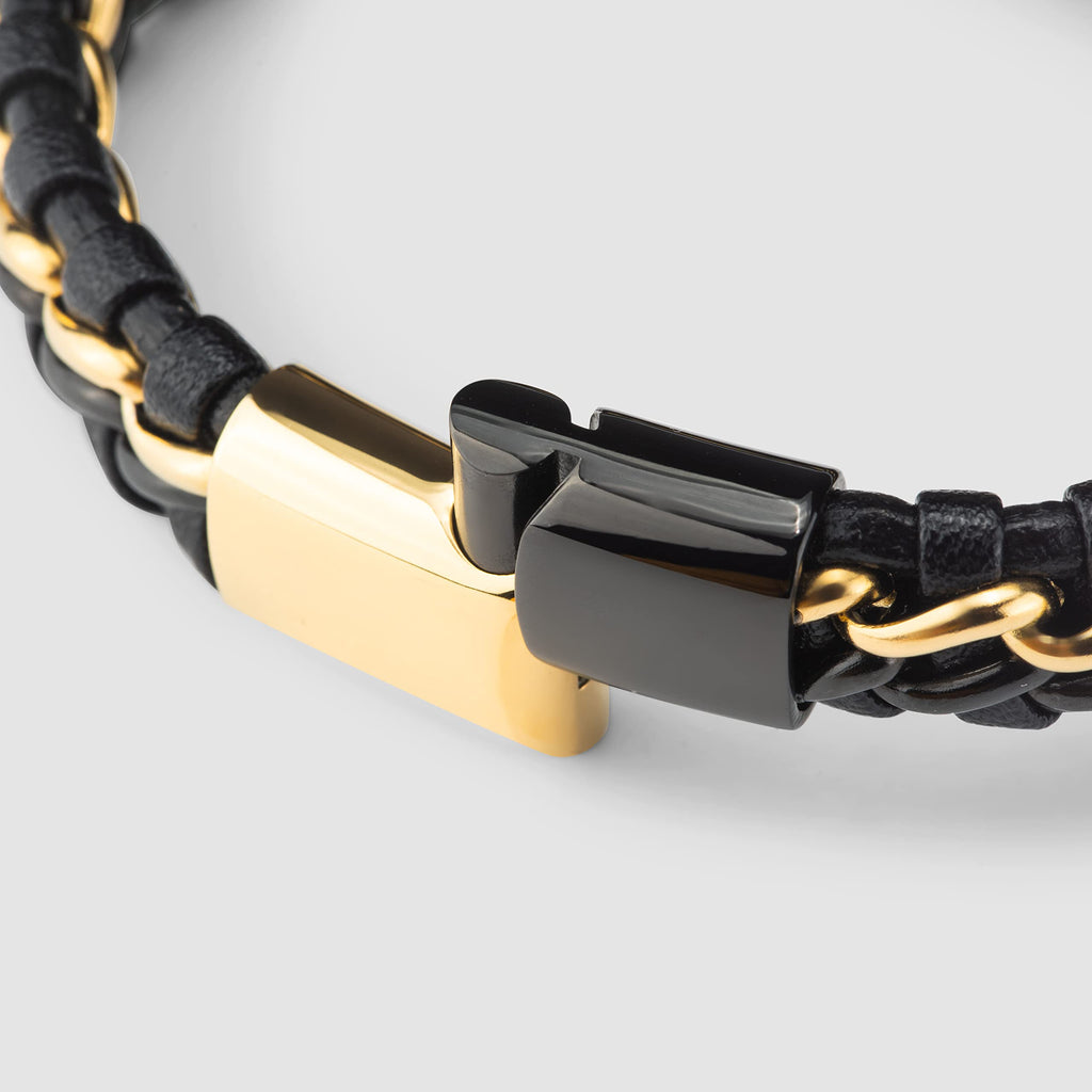 SERASAR Leather Men Bracelet Black Gold Steel Braided Jewelry Gift 8 inch