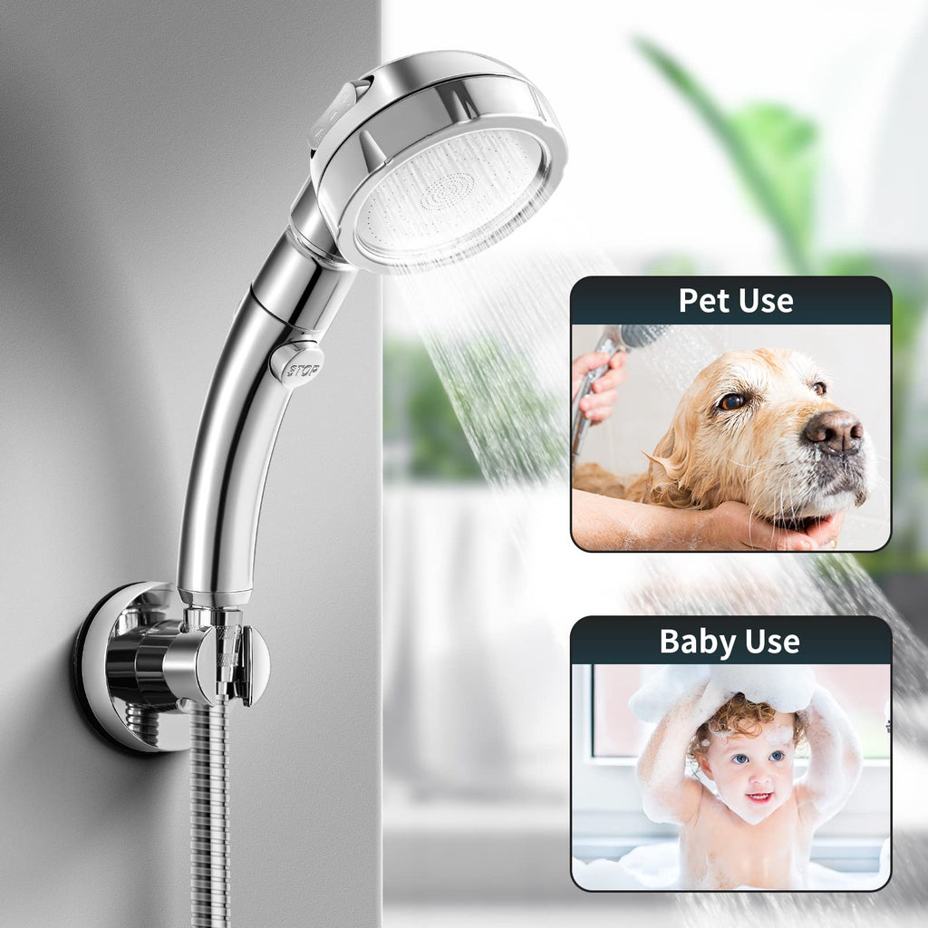 Marbrasse 3-Settings Handheld High Pressure Showerhead with ON/Off Full Shutoff Push Button,Water-saving Camping Shower with Adjustable Angle(Vacuum Suction Shower Head Holder+5 Feet Shower Hose)
