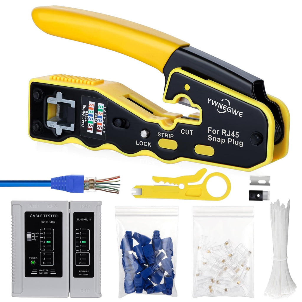 RJ45 Crimp Tool Kit Pass Through Ethernet Crimper for Cat5e Cat6 Cat6a 8P8C Modular Plugs,Cat6 Crimping Tool with 20 Connectors,20 Covers,1 Mini Stripper,100 Cable Zip Ties,1 Cable Tester, 2 Blades