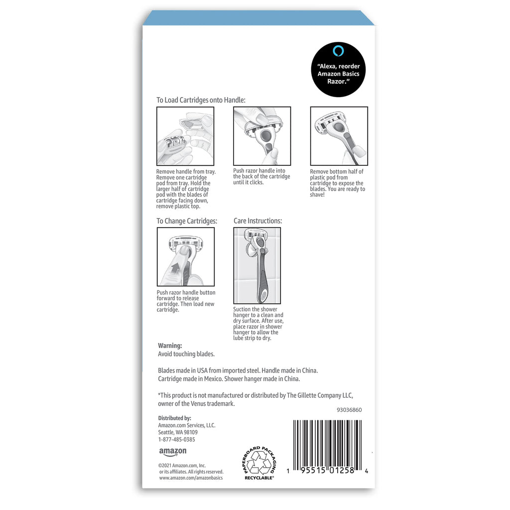 Amazon Basics 5-Blade Razor Handle for Women, Includes 12 Cartridges and Shower Hanger, 14 Piece Set, Blue