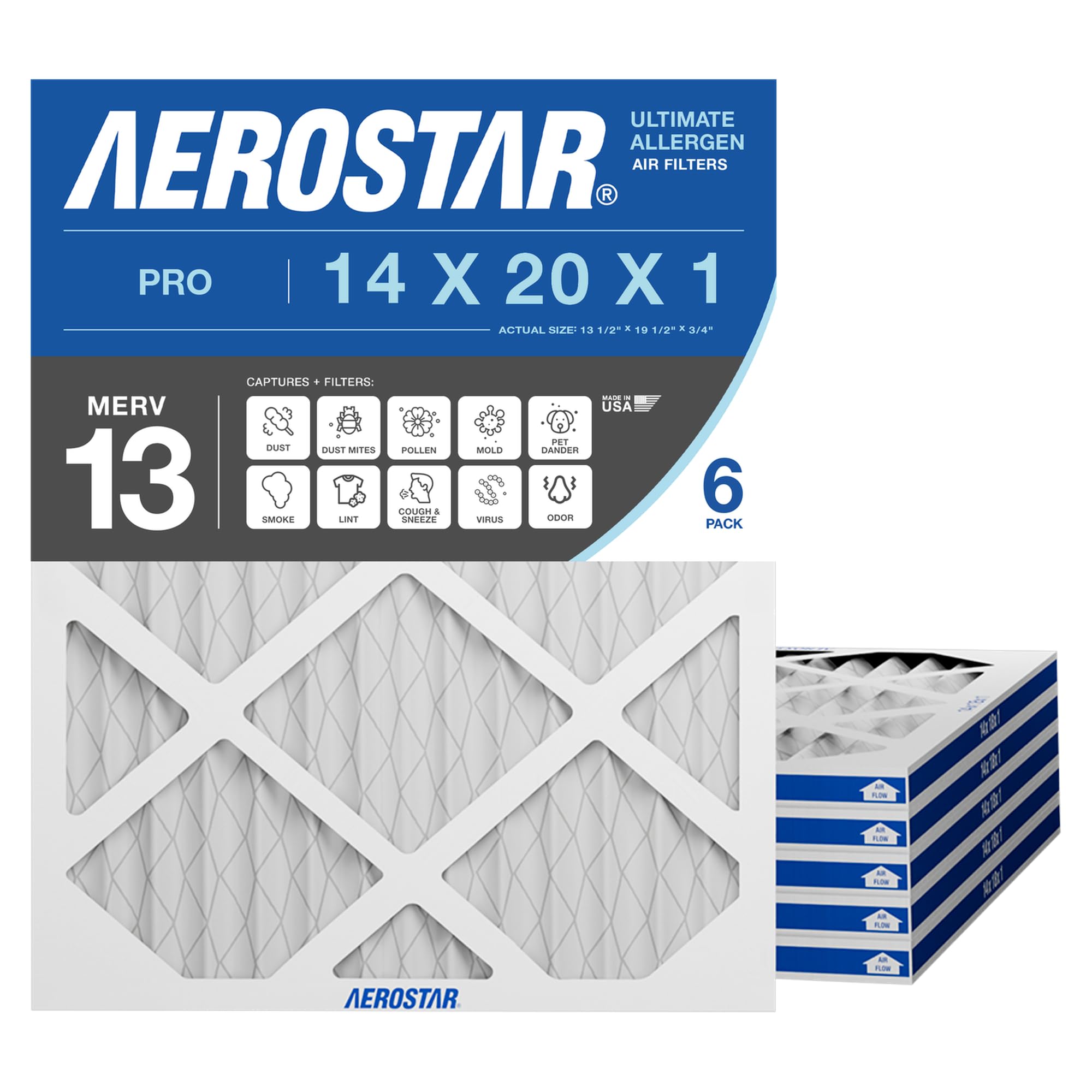 Aerostar 14x20x1 MERV 13 Pleated Air Filter, AC Furnace Air Filter, 6 Pack (Actual Size: 13 3/4"x 19 3/4" x 3/4")