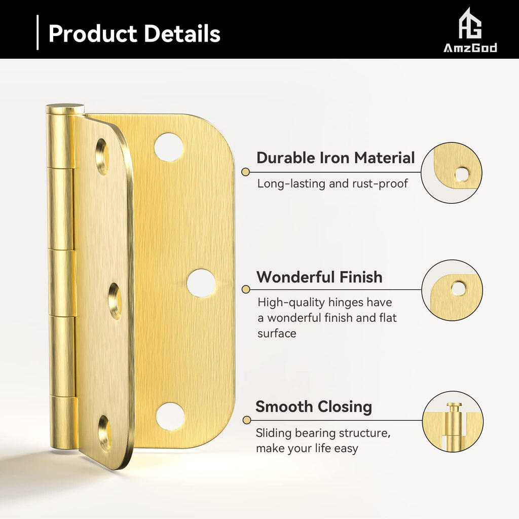 AmzGod Satin Brass Door Hinges - 12 Pack Gold Door Hinges 3.5 Inch Rounded Interior Door Hinge with 5/8" Radius - 3 1/2 Inches Flat Iron Brass Hinges for Residential Standard Doors