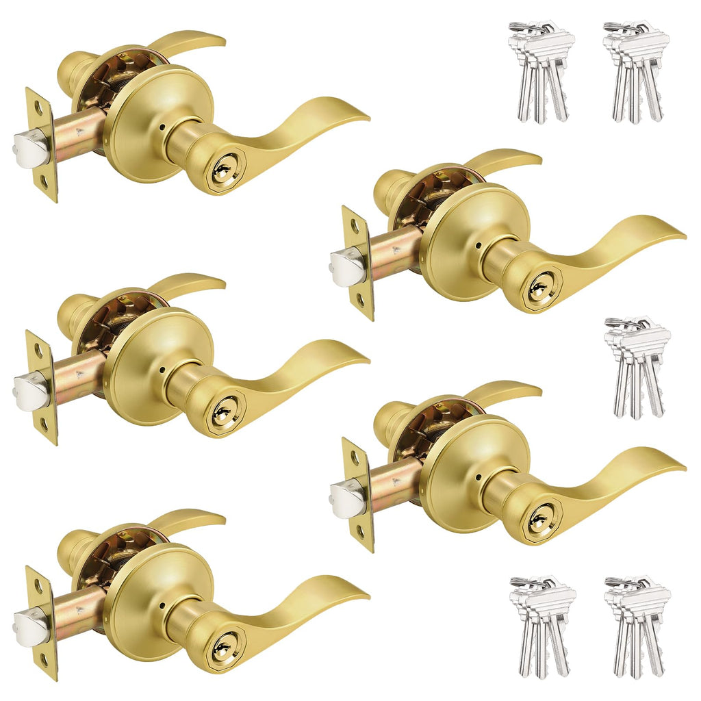 Probrico Brushed Gold Door Handles Front Exterior Door Handles with Lock and Keys, Keyed Alike Gold Entry Door Lever Wave Style Reversible, 5 Pack