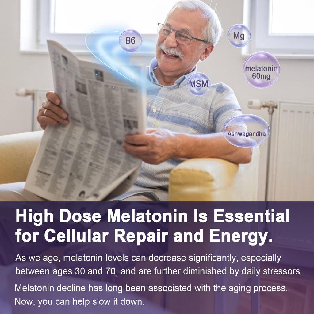 Antioxidant & Brain Support Melatonin 60mg 30mg for 50+ Adults | High Dose Melatonin for Anti-Aging & Immune | Extra Strength Melatonin Gummies with B6, Ashwagandha, Magnesium, MSM - 120 Gummies
