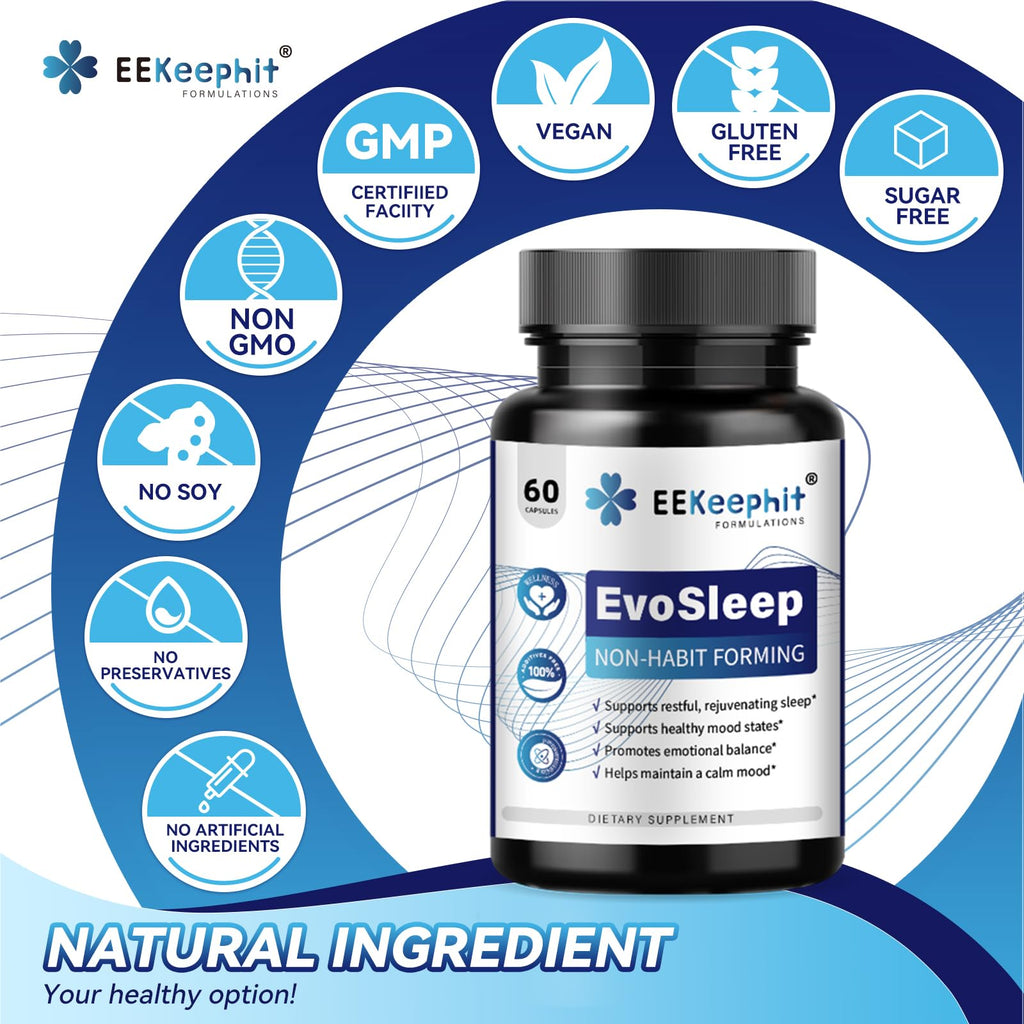 EEKEEPHIT 6 in 1 Melatonin-Free Sleep Aid Sleep Complex with Ashwagandha, GABA, L-Theanine & 5-HTP, VIT B6(P5P) for Adults, Supports Deep Relaxation, 30 Vegan Capsules