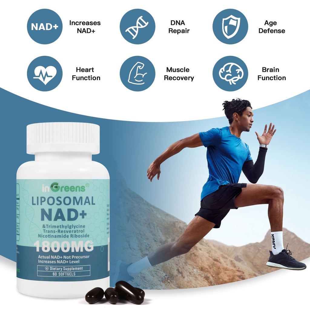 inGreens Liposomal NAD+ Supplement 1800 mg with Nicotinamide Riboside, Trans Resveratrol, Trimethylglycine，Replaces NMN, Boost NAD+, Aging Defense，Cellular Energy, 180 Softgels