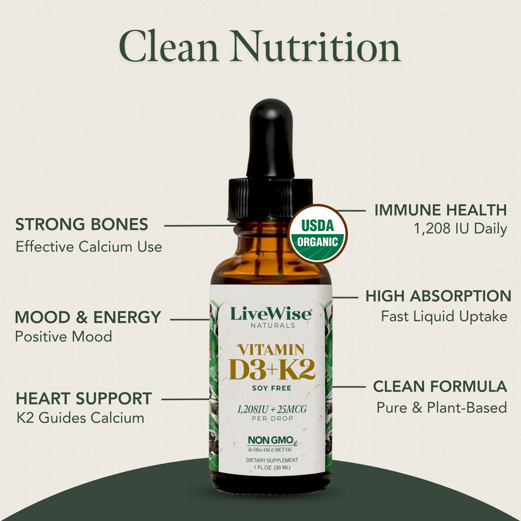 Live Wise Naturals Vitamin D3+K2 Liquid Drops - Organic MCT Oil Formula for Adults, Kids & Toddlers - Easy Absorption 1208 IU Vitamin D3 & 25 mcg K2 (mk7) for Immune Support & Bone Health - No flavour