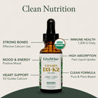 Live Wise Naturals Vitamin D3+K2 Liquid Drops - Organic MCT Oil Formula for Adults, Kids & Toddlers - Easy Absorption 1208 IU Vitamin D3 & 25 mcg K2 (mk7) for Immune Support & Bone Health - No flavour