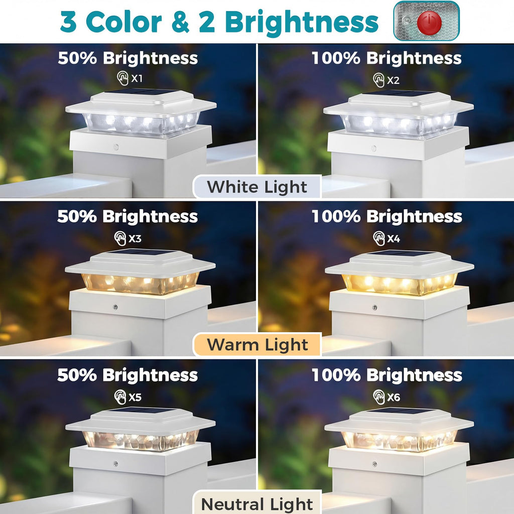 kolpop 4x4 Solar Post Cap Lights Outdoor 8Pack- 3 Color Temperatures&2 Level Brightness, IP65 Waterproof, 16 LED Fence Deck Post Light Solar Powered Only for 4×4/3.5×3.5 Wood/Vinyl Posts(White)