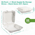 OasisSN 8×8", 68-Pack Disposable Clamshell Take Out Food Containers, Biodegradable Paper To Go Boxes for Burgers, Sandwiches, Fries & More (White)