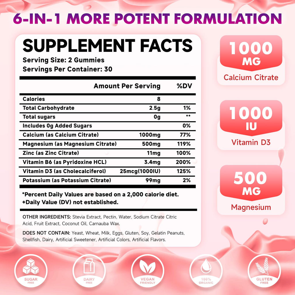 2 Pack Calcium Citrate Gummies 1000mg w/Vitamin D3, High Absorption Calcium Gummies for Women & Men, Plus Magnesium, Potassium, Zinc for Muscle & Immune Support, Raspberry Flavor, 120 Count