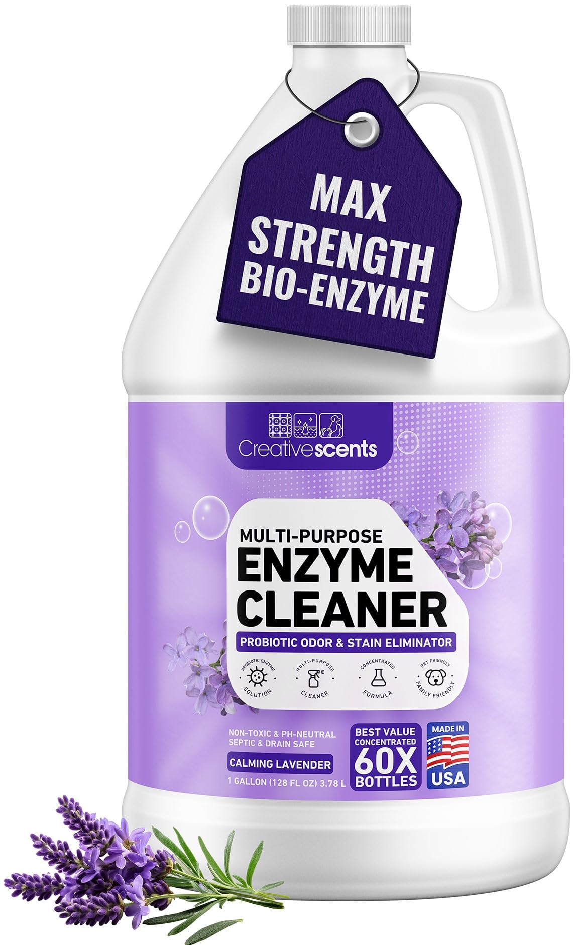 Creative Scents Multipurpose Enzyme Cleaner & Odor Remover | Super Concentrated for Floor, Carpet, Drain | Pet Urine Odor Eliminator | Cleaner for Cat Urine & Dog Poop | 1 Gallon - Calming Lavender