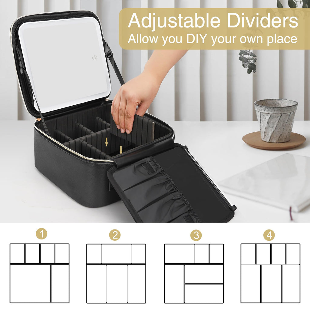 Relavel Travel Makeup Bag With LED Mirror, Cosmetic Train Case with Light up Mirror, Portable Makeup Artist Organizer Bag with Adjustable Dividers, Makeup Brush Holder Storage, Black