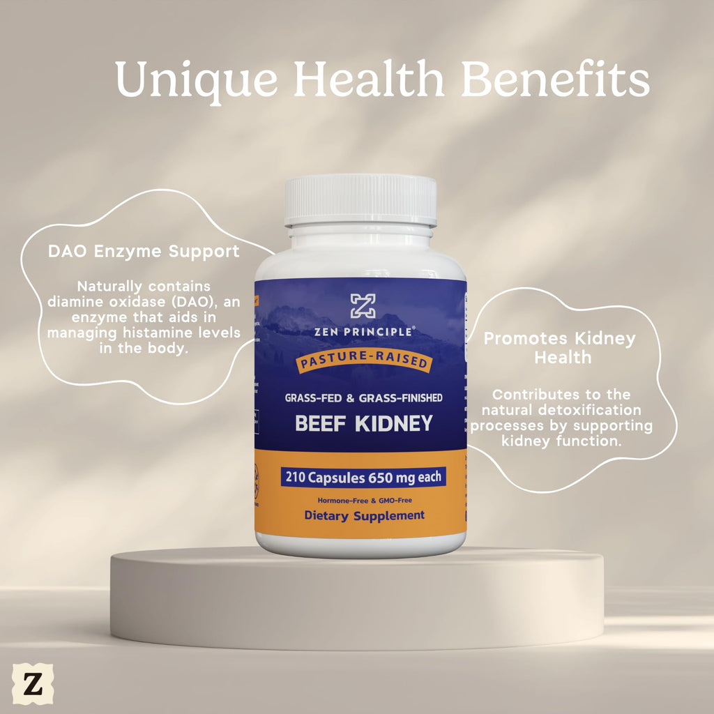 Zen Principle Grass Fed Beef Kidney Supplement, 210 Capsules, 3000 mg. DAO Enzyme for Histamine Health. Selenium and B12 for Thyroid Support.
