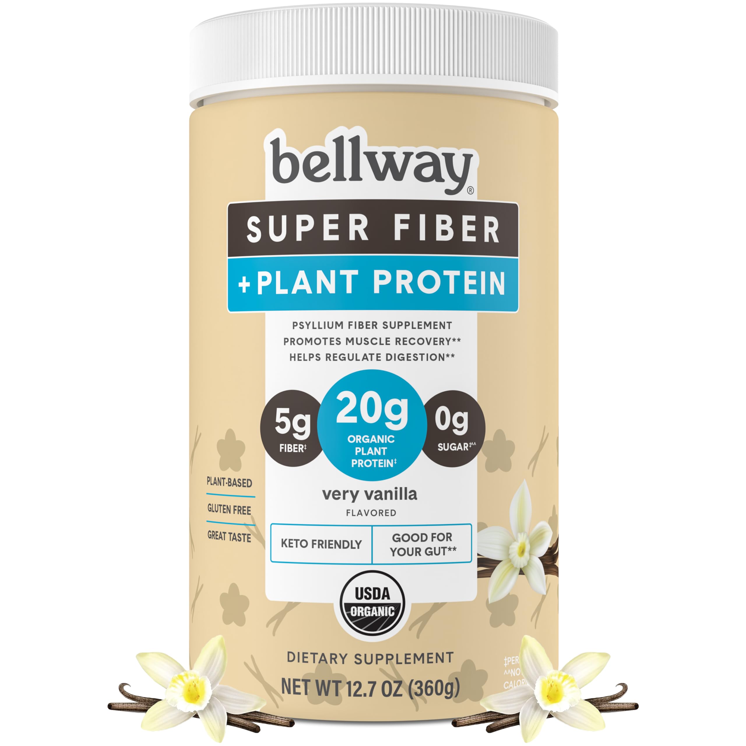 Bellway Super Fiber + Protein Powder, Sugar-Free Organic Psyllium Husk Fiber Supplement Powder with 20g Plant Protein Per Serving, Very Vanilla, 12.7 oz
