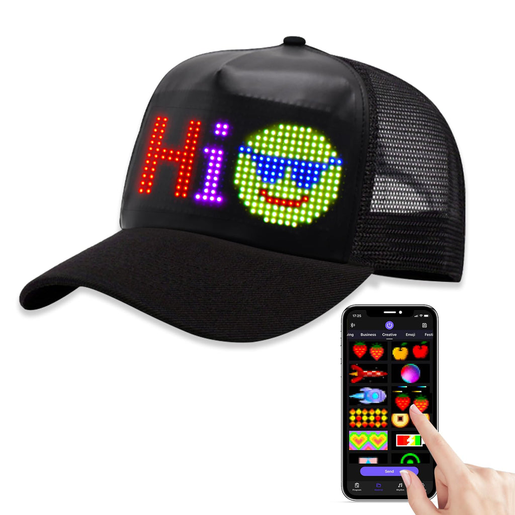 GOTUS LED Hats, LED Display Screen Smart Caps,Bluetooth APP Control,Custom Text, Patterns, Animations for Party Christmas Halloween(1632) Black